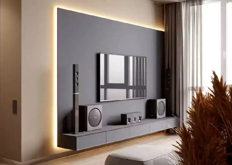 تر کیب ال ای دی و تی وی وال مشکی The combination of LED and black TV wall