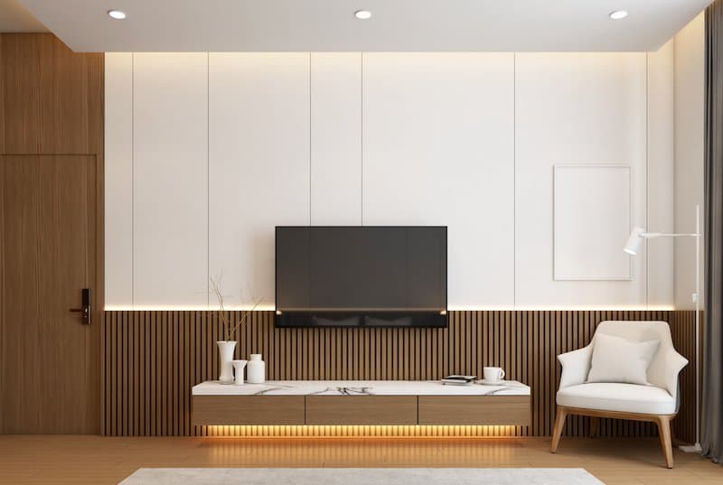 ترکیب سفید و قهوه‌ای در طراحی تی وی وال The combination of white and brown in the design of the TV wall