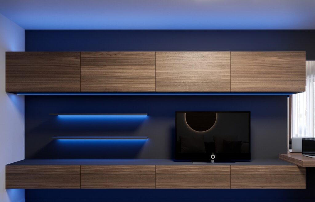 استفاده از نور آبی در طراحی تی وی وال Using blue light in TV wall design.