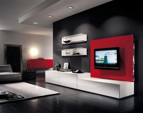 استفاده از رنگ قرمز و مشکی در تی وی وال Using red and black colors on the TV wall