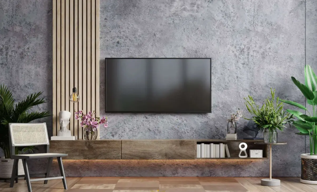 ترکیب چوب و کاغذ دیواری در طراحی تی وی وال The combination of wood and wallpaper in the design of the TV wall
