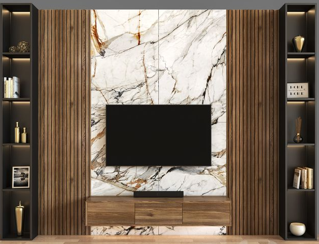 ترکیب چوب ترمود و سنگ در طراحی تی وی وال The combination of Thermond wood and stone in the design of the TV wall