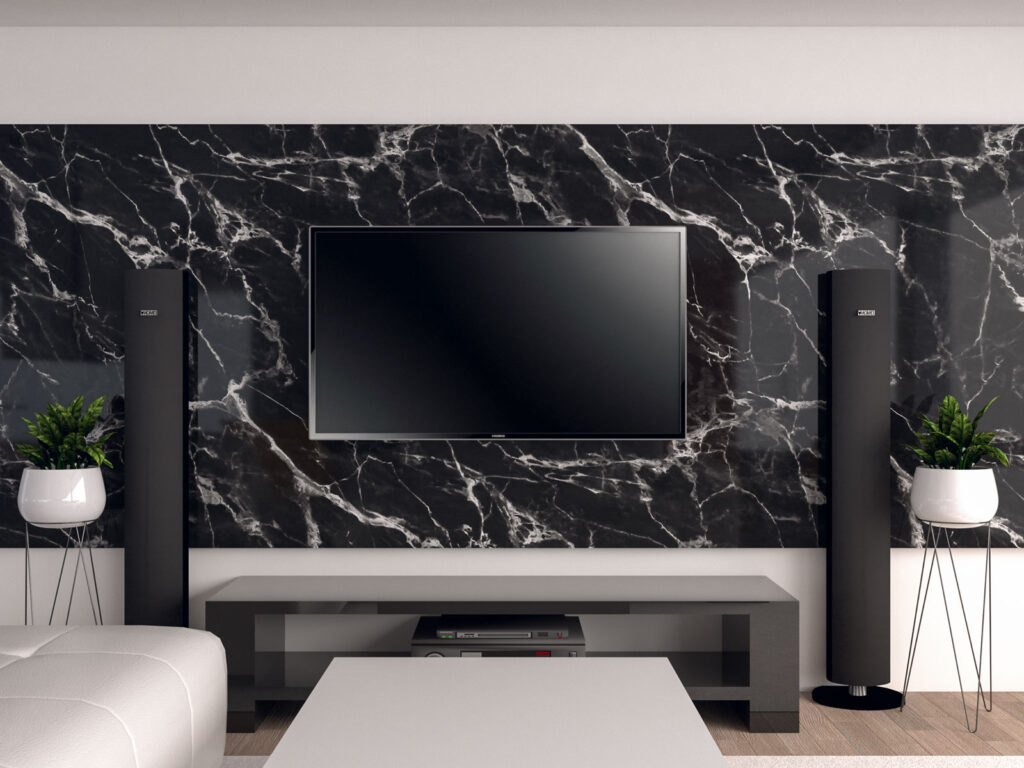 ترکیب رنگ‌های تیره در طراحی تی وی وال The combination of dark colors in the design of the TV wall