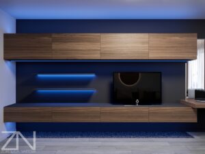 استفاده از نور آبی در طراحی تی وی وال Using blue light in TV wall design.